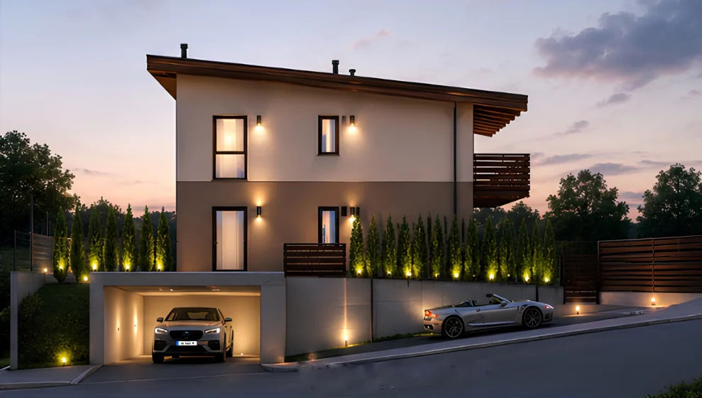 Prospetto ovest di Residenza Emma al tramonto: il fronte d'ingresso con i due accessi indipendenti.