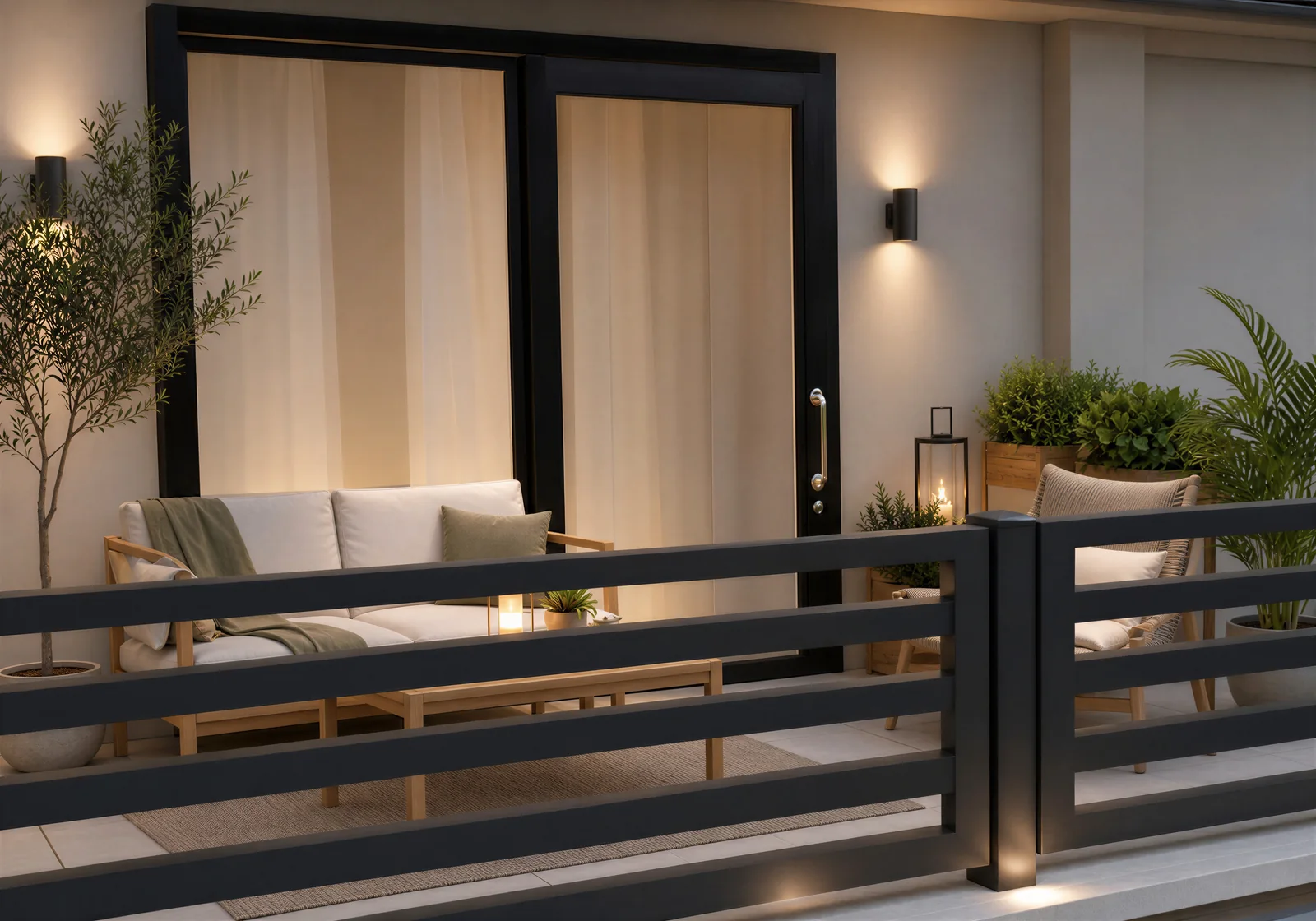 La terrazza dell'appartamento al piano primo: arredata, con la vetrata del soggiorno alle spalle.